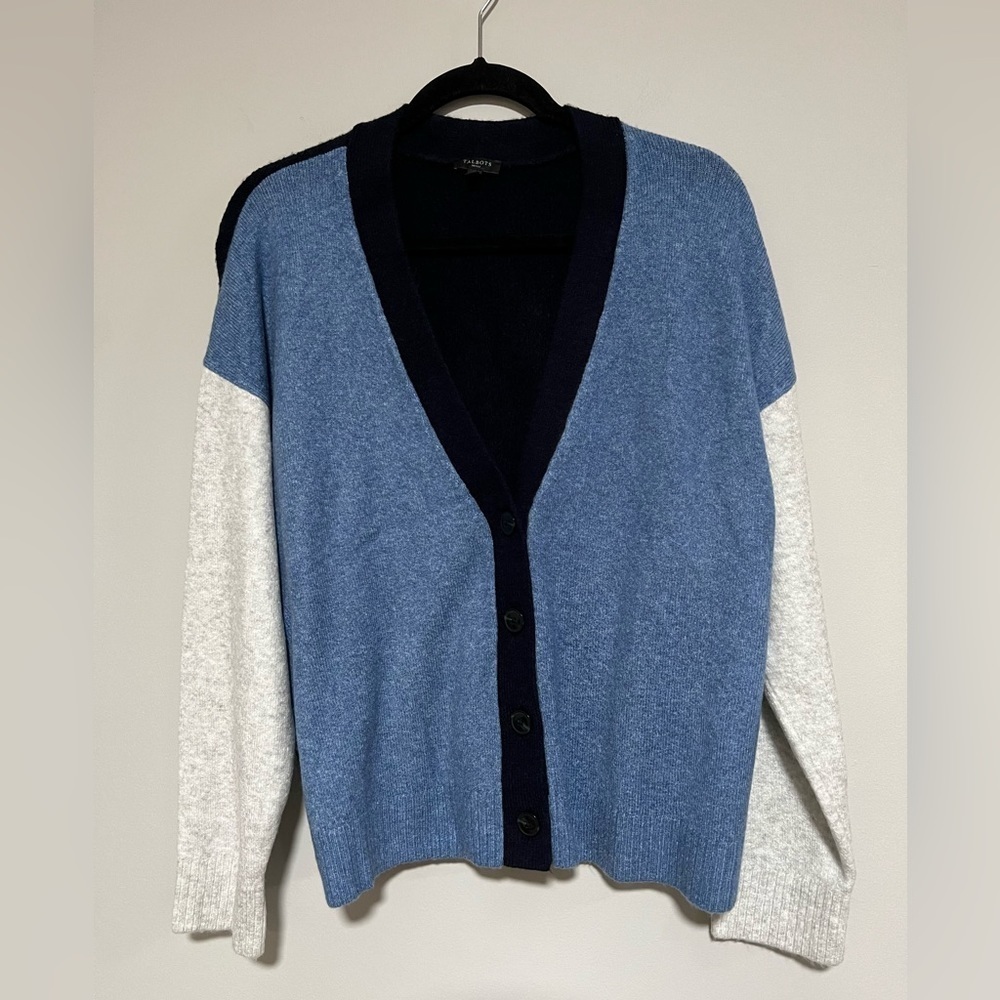 TALBOTS Blue/Gray Color Block Cardigan Sweater Size XL Petite Classic Minimalist